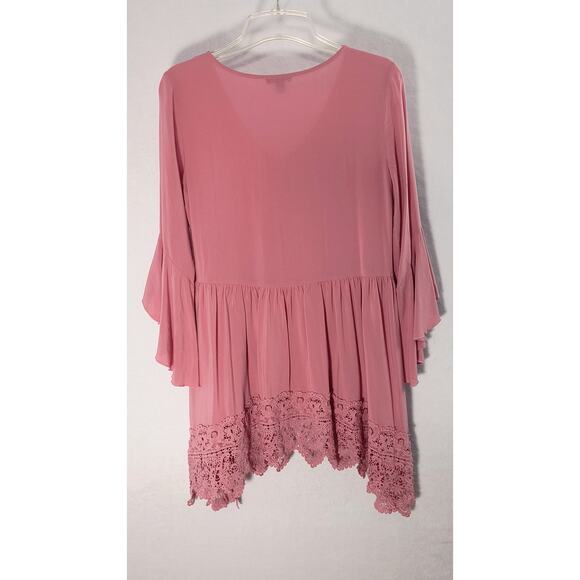 Cupio Boho Tunic Top Women's Size M Pink  3/4 Bell Sleeve Scalloped Lace Trim - Picture 12 of 13